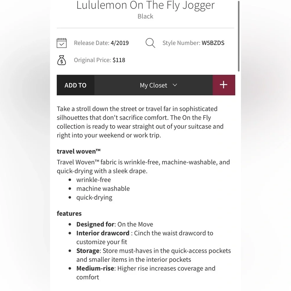 Lululemon On The Fly Jogger‎ in Black.